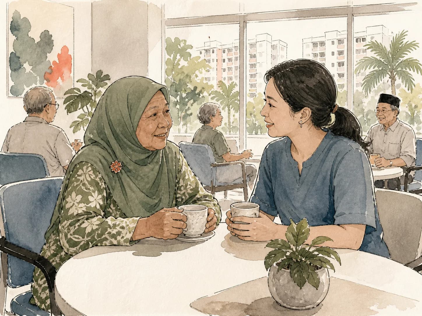 An older Singaporean woman talking with a community care professional