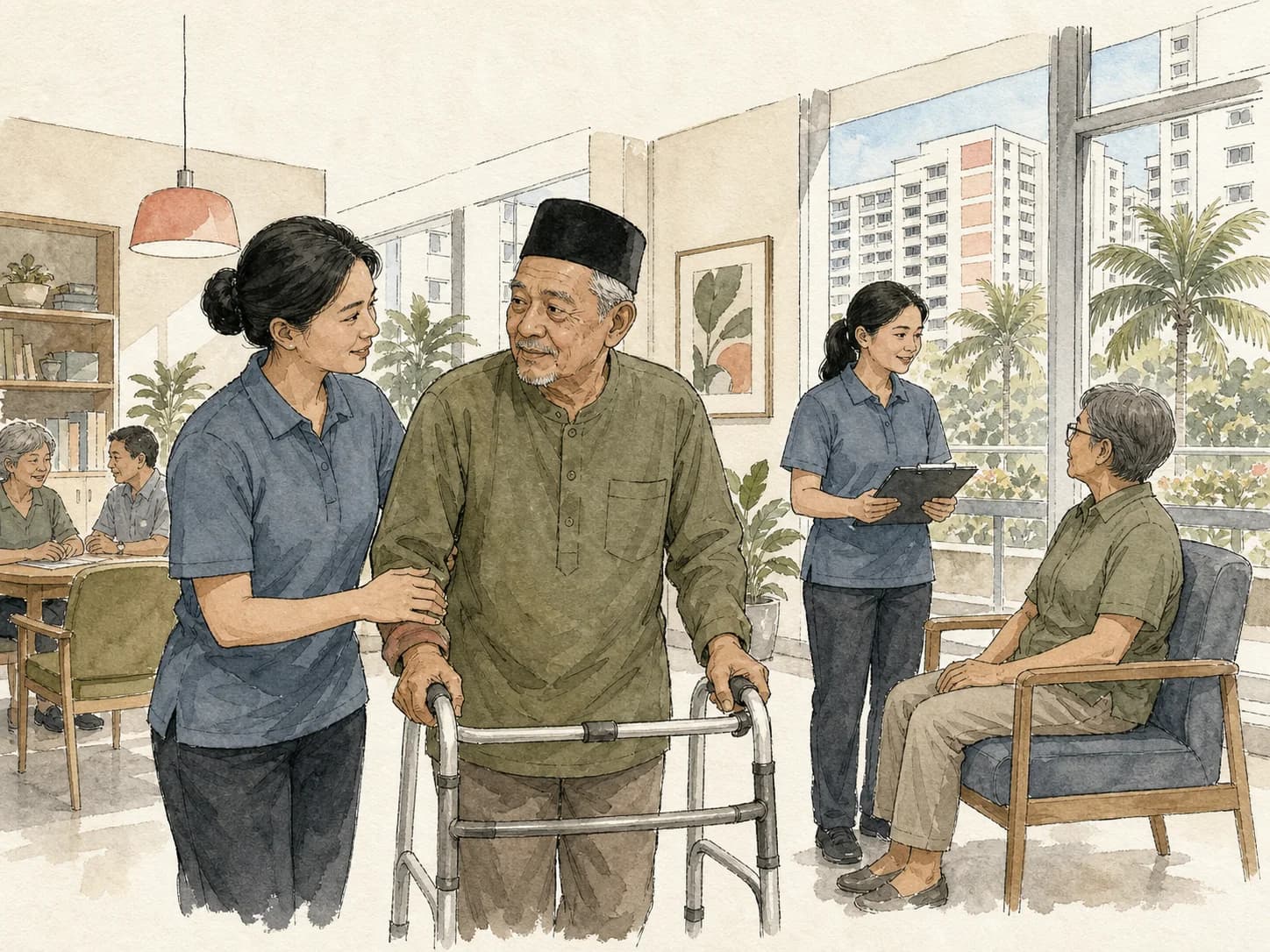 A Singaporean care professional assisting an older man using a walking frame
