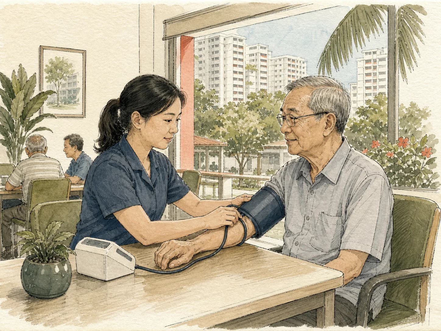 An older Singaporean man receiving a routine wellness screening